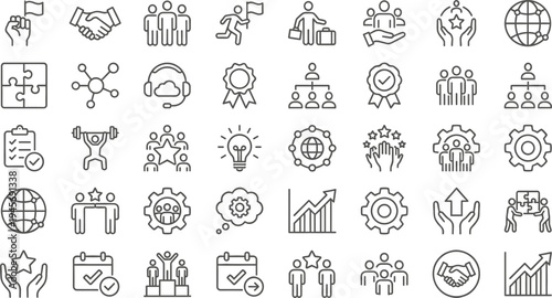 Business teamwork line icons set leadership partnership success strategy communication support collaboration achievement management people network growth outline vector collection