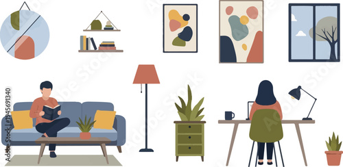 Cozy interior scene with people reading and working at home