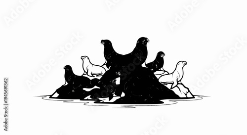 Artistic depiction of seals basking on rocky outcrops in dark, stylized forms
