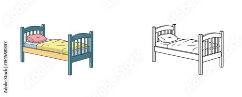 Wooden bed in flat cartoon and linear styles with blue frame yellow blanket and pink pillow representing bedroom furniture on white background