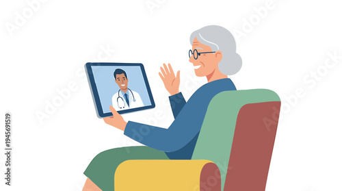 Elderly woman video calls doctor on tablet sitting on couch indoors