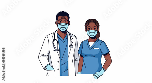 Two medical professionals in masks and scrubs stand ready