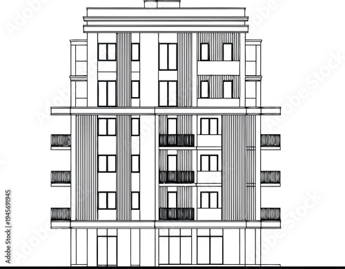 Architectural drawing of a multi story building isolated on transparent background