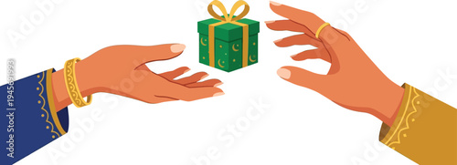Hands exchanging a green gift box with golden ribbon for ramadan eid celebration