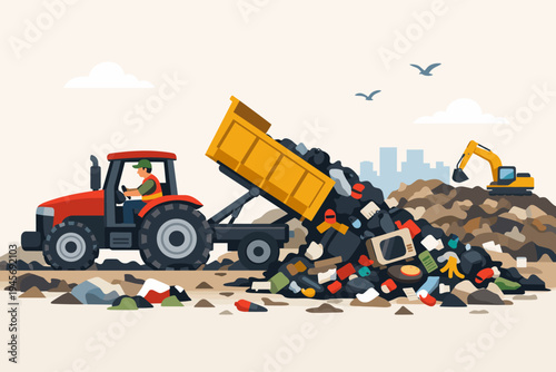 Flat vector illustration of a tractor driver managing a garbage dump landfill with waste collected from the city, featuring a yellow dump truck, excavator, and piles of trash for waste management.