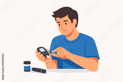 Vector illustration of a young man measuring his blood sugar level with a glucose meter. Diabetic patient monitoring glucose levels at home with medical equipment like lancing device and strips.