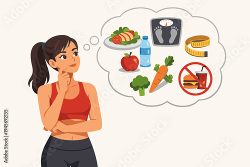Fit woman in sports bra and leggings thinking about a healthy diet plan with icons of nutritious food, water, weight scale, and measuring tape while avoiding junk food, vector illustration.