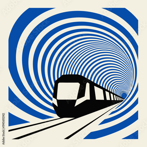 Cinematic Energetic train speeding through blue tunnel abstract background isolated on White Background