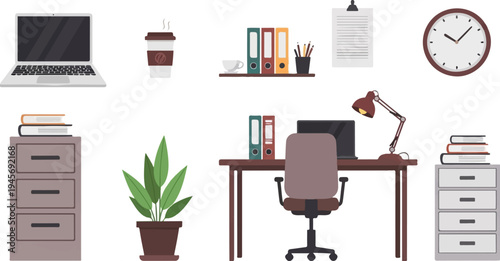 A workspace setup with a laptop, desk, chair, filing cabinets, and office supplies