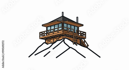 A wooden watchtower sits atop a snow-covered mountain peak, with clear windows and stairs