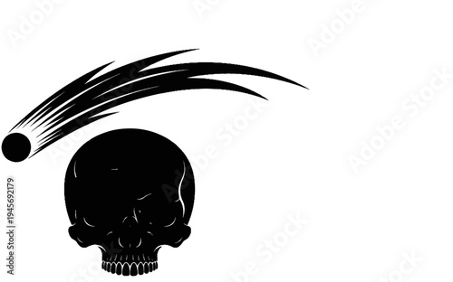 A stylized black comet streaks across a white background, above a skull