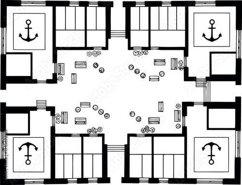 Black and white nautical themed floor plan isolated on transparent background