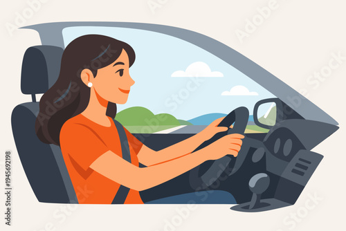 Simple flat vector illustration of a happy young woman with long dark hair driving a car, wearing an orange t-shirt and seatbelt, traveling on a scenic road with green hills and blue sky.