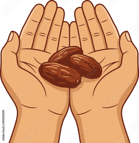 Pair of open hands holding three brown dates, concept of charity and fasting