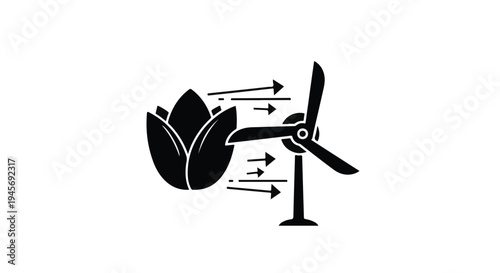Wind turbine generating energy towards a stylized lotus flower, a powerful black and white vector illustration symbolizing renewable resources, ecological balance, and sustainable environmental.