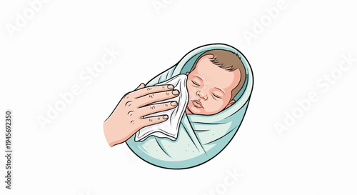 A tender hand gently wipes the face of a peacefully sleeping, swaddled infant
