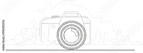 Stylized illustration of a camera with a prominent lens and abstract background