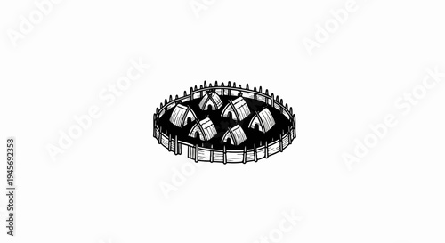 An ancient settlement of thatched huts enclosed by a wooden palisade
