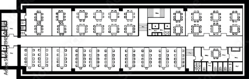 A black and white floor plan image of an office building layout isolated on transparent background