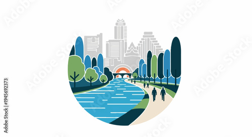 Stylized cityscape with a river, park, and pedestrians enjoying a stroll