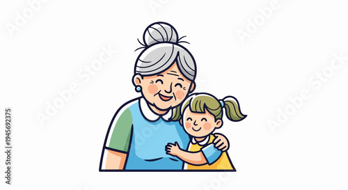 An elderly woman and a young girl embrace joyfully