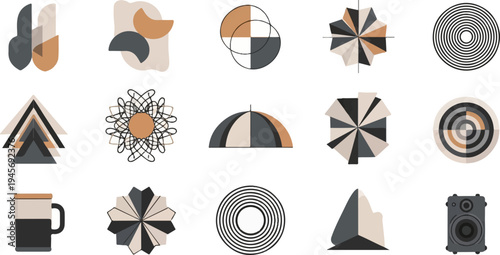 Abstract geometric shapes, a mug, and a speaker