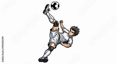 Anime-style athlete performing a bicycle kick with a soccer ball