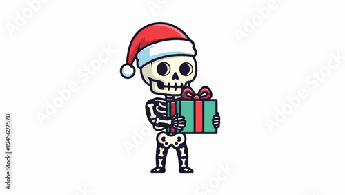 Cartoon skeleton in a Santa hat holds a gift box