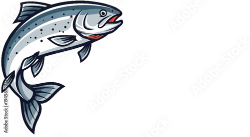 Stylized cartoon illustration of a jumping salmon with grey scales and red accents