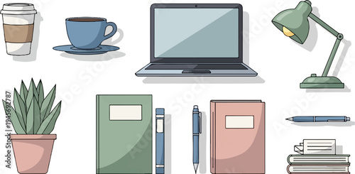 Collection of office supplies including a plant, coffee, laptop, and stationery