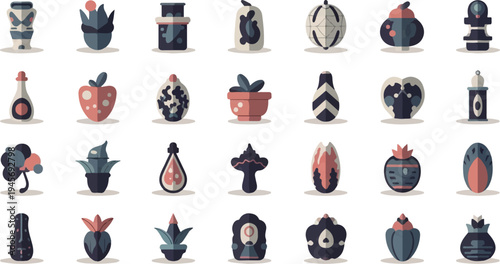Collection of various flat design icons representing abstract objects and stylized plants