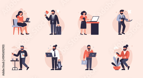 Diverse individuals engaged in professional activities, some with laptops and briefcases