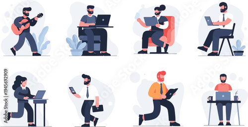 Diverse individuals engaged in various activities, including playing guitar, working on laptops