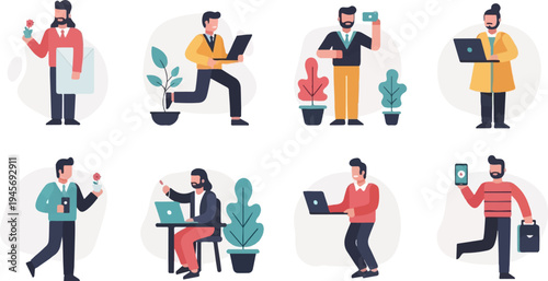 Diverse individuals engaged in various professional and personal activities, some with plants