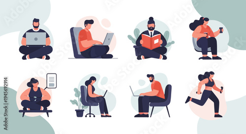 Diverse individuals engaged in various activities, including work, reading, and fitness