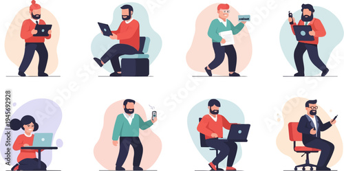 Diverse individuals engaged with digital devices in a stylized flat art style