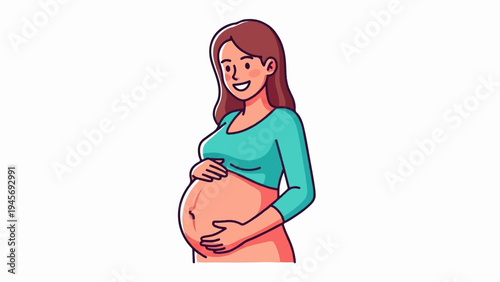 Smiling pregnant woman with hands cradling her belly