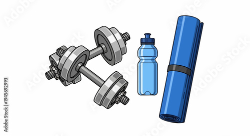 Dumbbell weights, water bottle, and rolled yoga mat on a white background