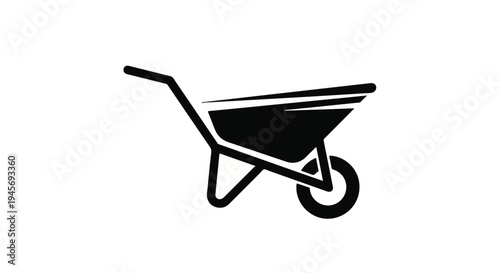 Wheelbarrow silhouette, a classic construction and gardening tool, presented as a minimalist black and white vector illustration on a clean background for various utility-related design projects.