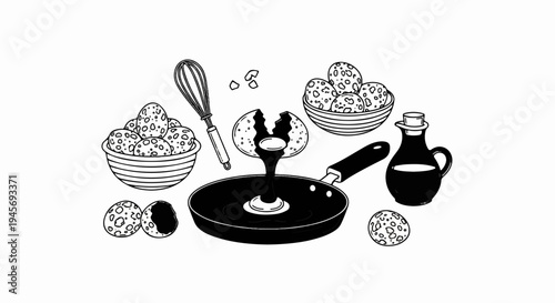 Illustration of cooking ingredients and tools, preparing for a meal