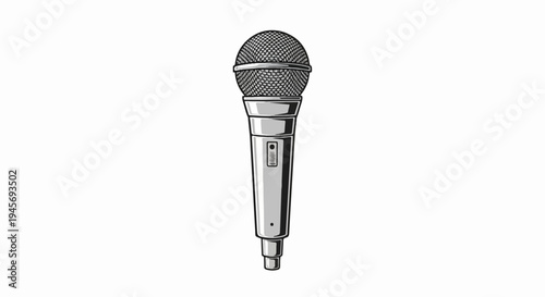 Monochrome illustration of a vintage-style microphone with a mesh grille