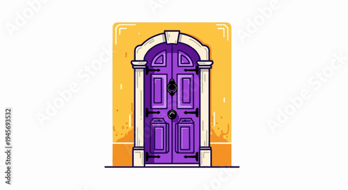 Ornate purple door with detailed knocker and architectural surround