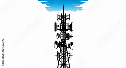 Silhouette of a tall telecommunications tower with multiple antennas and dishes