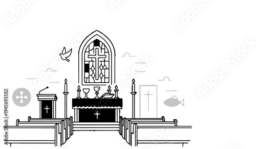 Religious sanctuary interior with altar, pews, stained glass, and symbols of faith