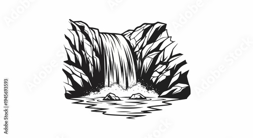Stylized black and white illustration of a cascading waterfall hitting a pool