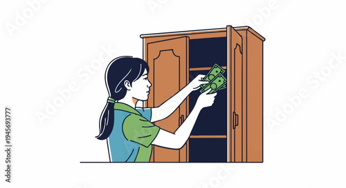 Woman putting money into a wooden cabinet