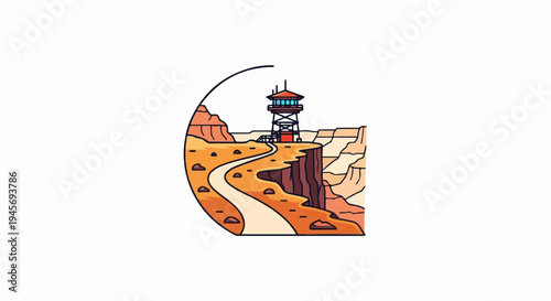 Scenic overlook tower on a cliffside trail within a circular frame