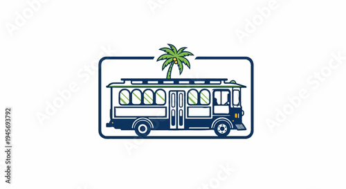 Blue and green stylized trolley with a palm tree on top, within a border