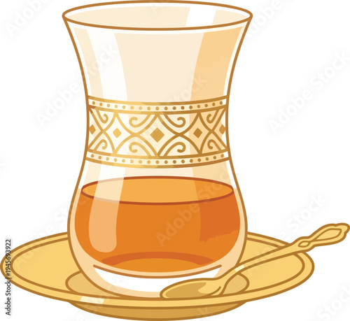 Traditional turkish tea glass and saucer with spoon, golden oriental ornament