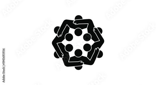 Stick figures form a tight, interlocking hexagonal shape with their arms linked, suggesting unity, teamwork, and strong community bonds.